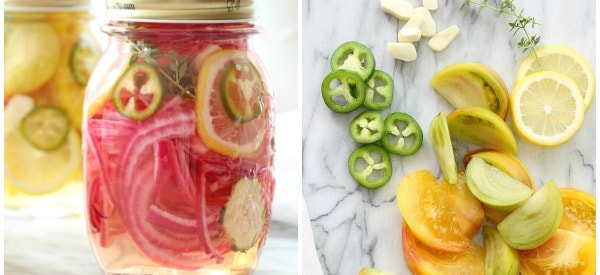 tuesday turn about 8 pickled veggie jars and vegetables on marble surface