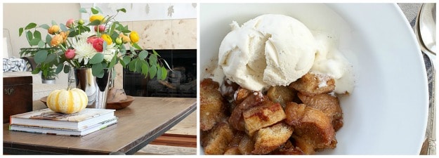 Fall decor with pumpkins and flowers and apple pecan bread pudding