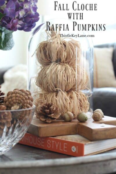Fall Cloche With Raffia Pumpkins - Thistle Key Lane