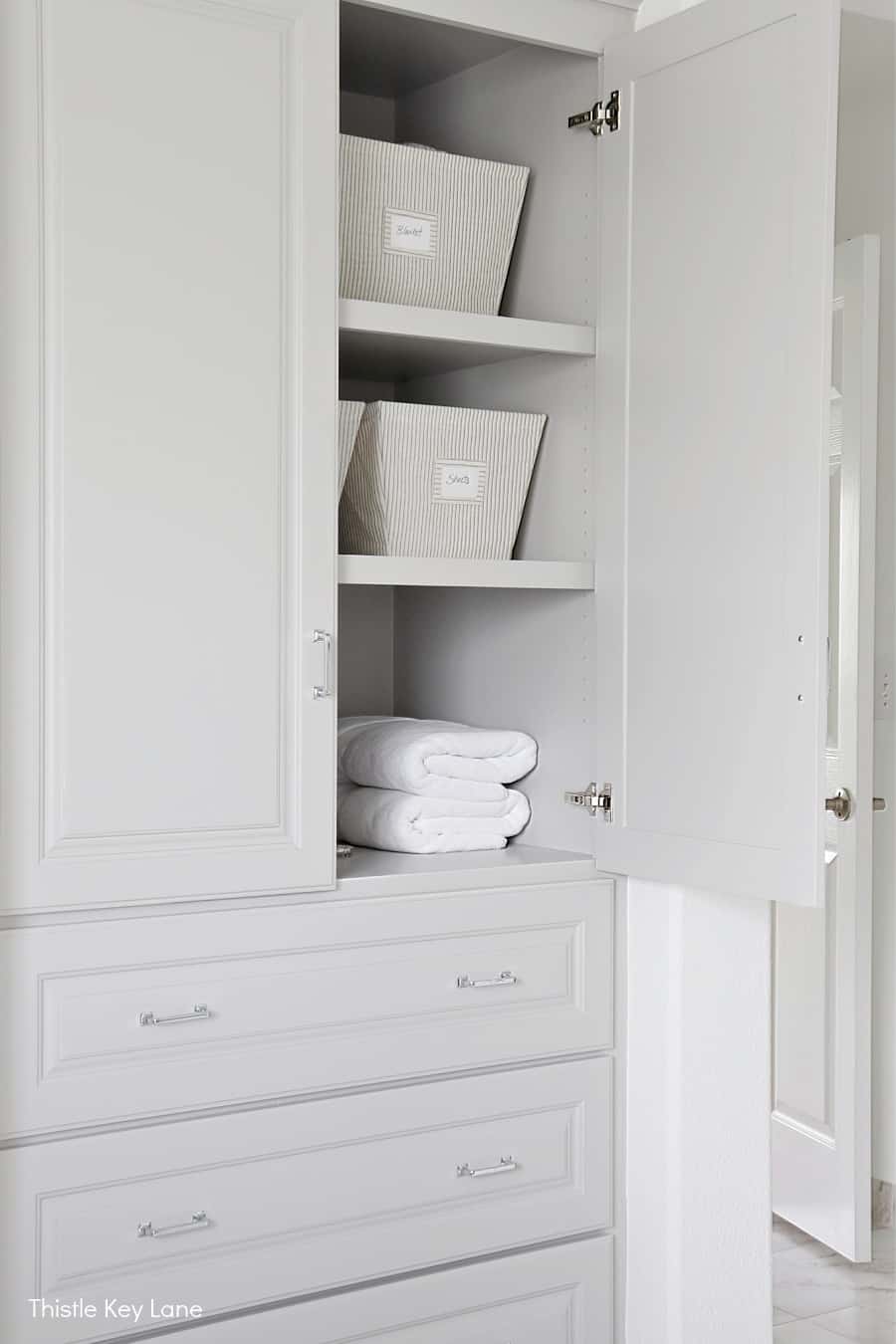 Bathroom storage cabinet. Organizing A Master Bathroom Linen Closet.