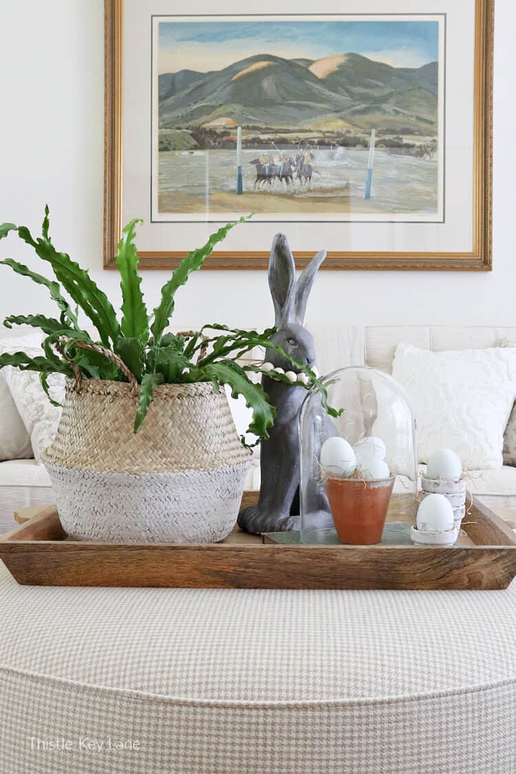 Basket with fern, tall rabbit and egg cloche. Three Spring Ottoman Or Coffee Table Vignettes.