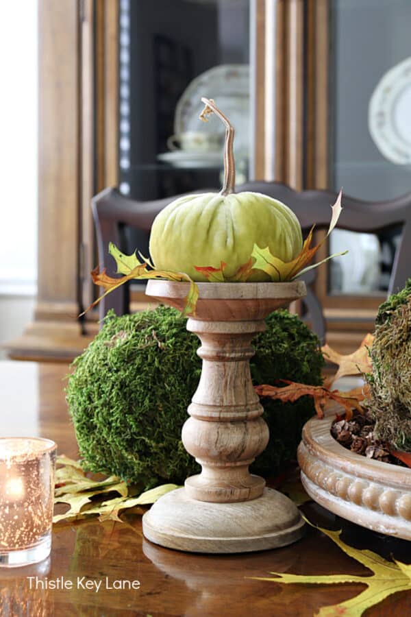Thanksgiving Centerpieces With Moss Covered Pumpkins - Thistle Key Lane