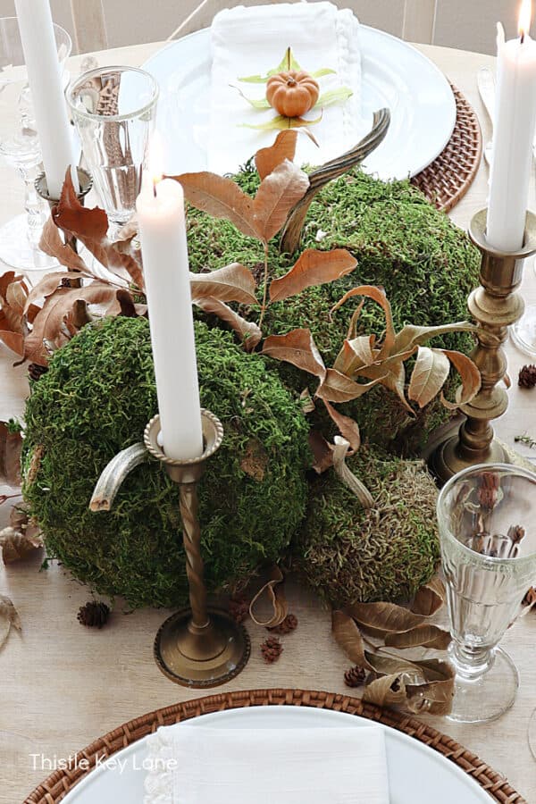 Thanksgiving Centerpieces With Moss Covered Pumpkins - Thistle Key Lane