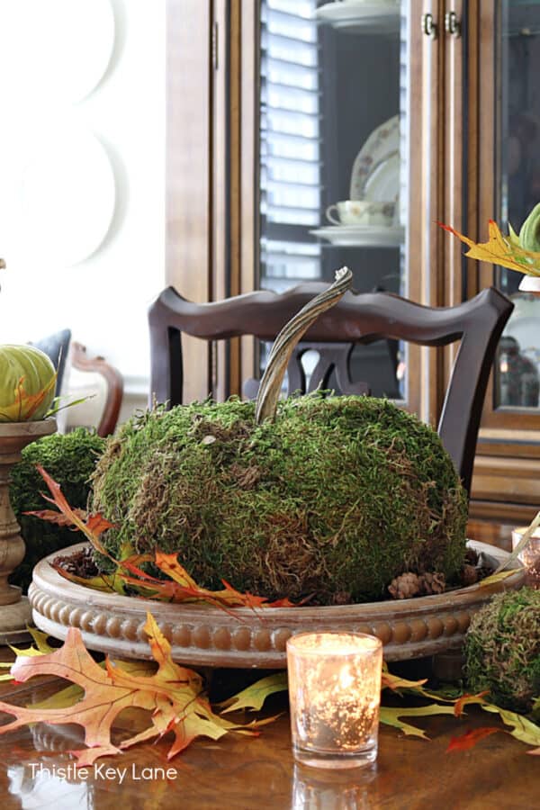 Thanksgiving Centerpieces With Moss Covered Pumpkins - Thistle Key Lane