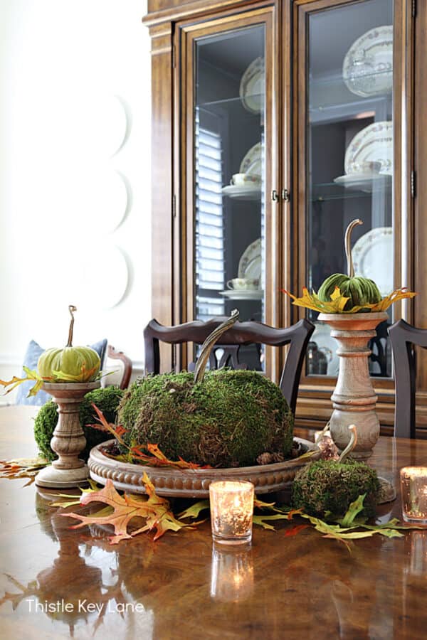 Thanksgiving Centerpieces With Moss Covered Pumpkins - Thistle Key Lane