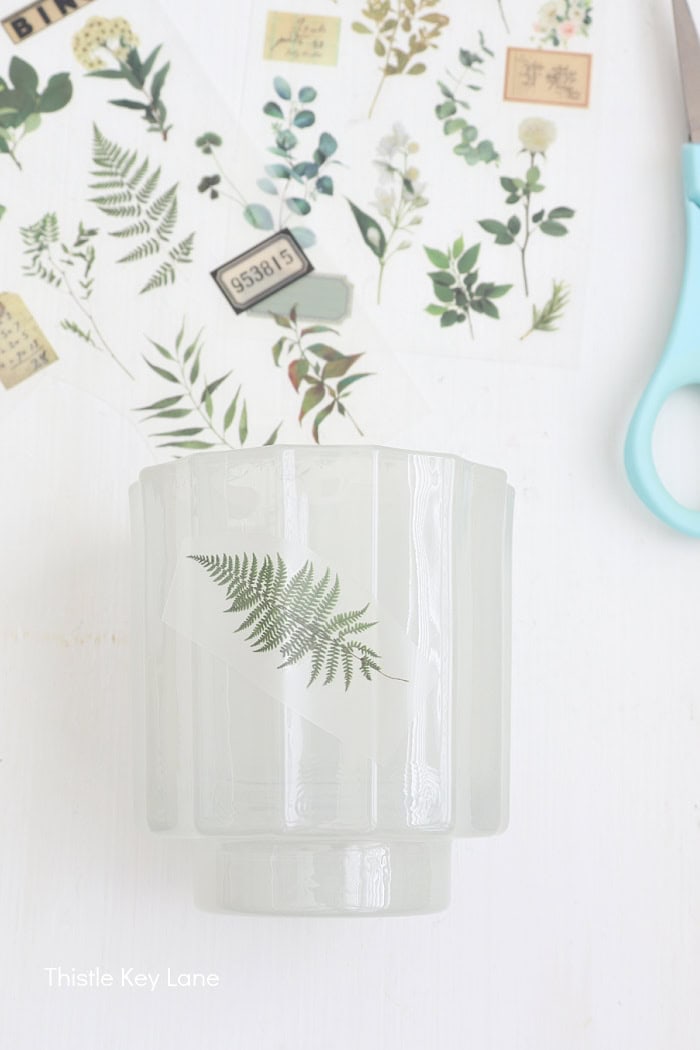 Fern rub on transfer. Anthropologie Inspired Candles DIY.