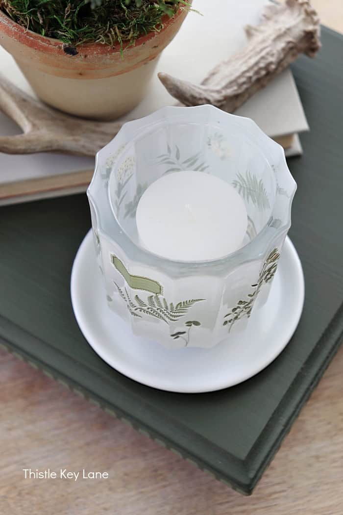 Votive candle in decorated candle holder. Anthropologie Inspired Candles DIY.