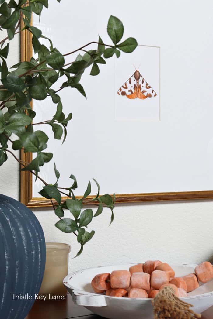 Watercolor moth in an oversized mat frame. Entry Table Update With A Vase Makeover.