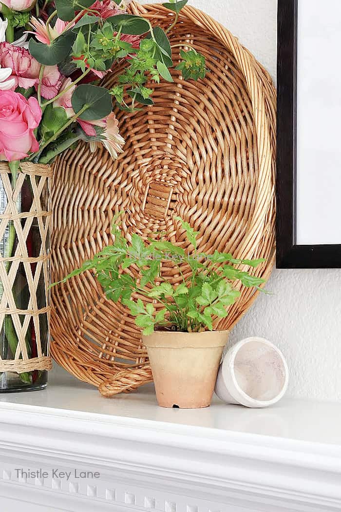 Tiny vintage French flower pot with fern. Vintage Spring Mantel Decor Styling.
