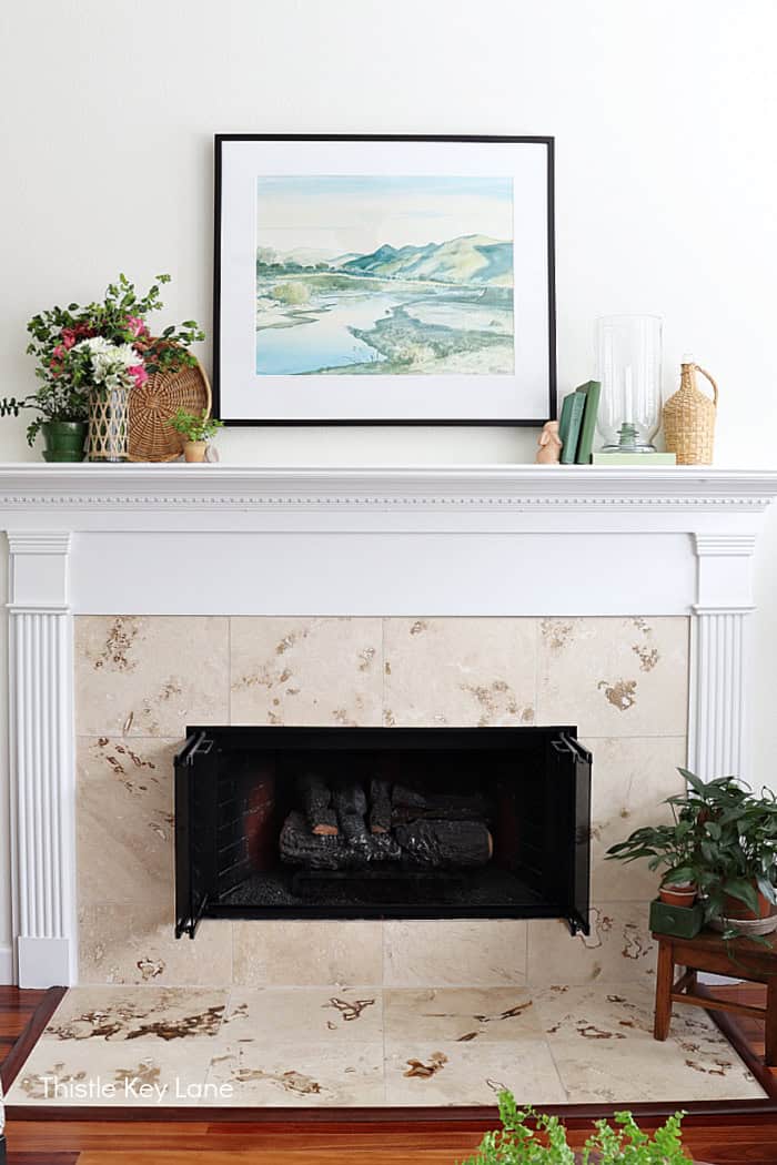 Full view of the spring mantel. Vintage Spring Mantel Decor Styling.