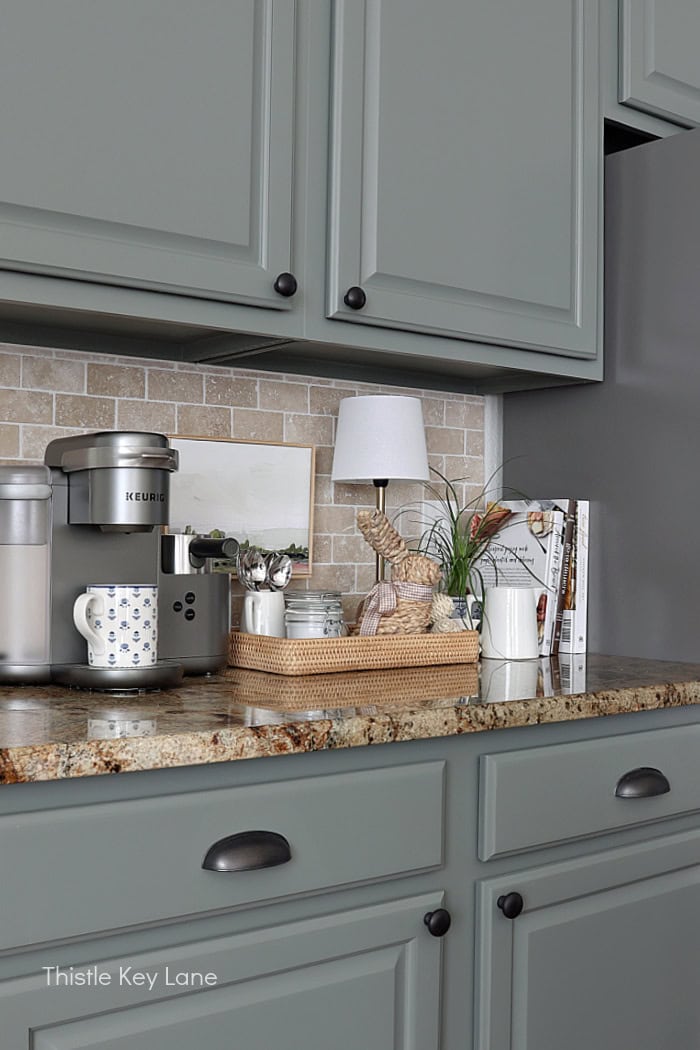Cottage style kitchen with coffee station. Soft Neutrals Spring Home Tour.