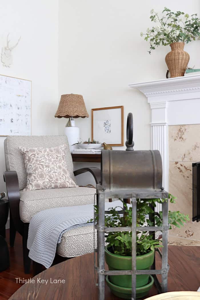 Corner reading nook with lamp and table. Soft Neutrals Spring Home Tour.