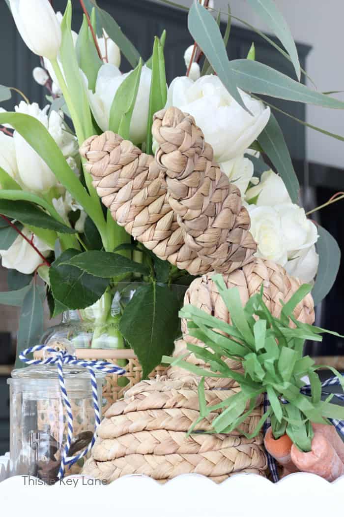 Woven bunny with clay carrots. Spring Tray Flower Centerpiece.