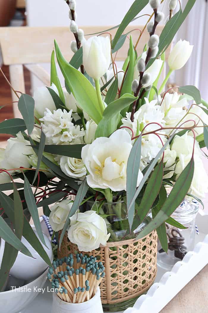 Mix of white flowers and greenery. Spring Tray Flower Centerpiece.