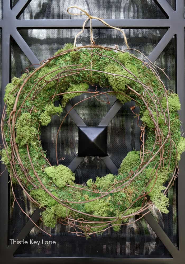 Moss and grapevine wreath. Porch Update - Space Saving Planters.