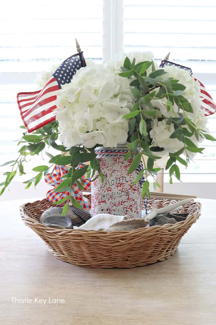 4th of July Arrangement With Flags. Summer Red White And Blue Centerpiece.