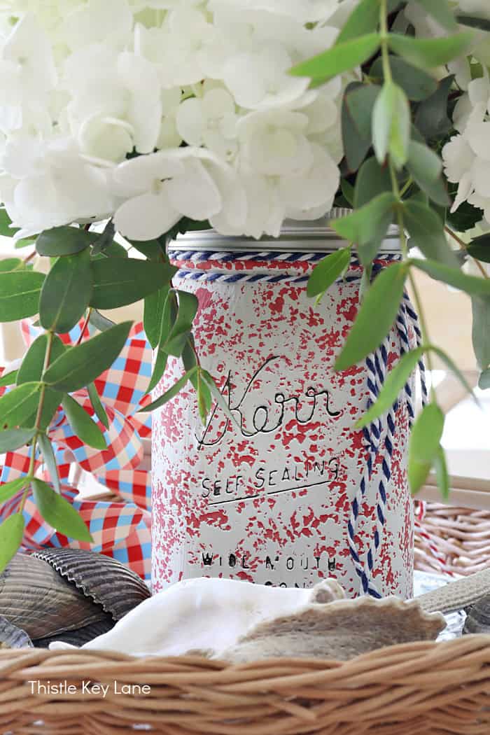 Red spongeware mason jar. Summer Red White And Blue Centerpiece.