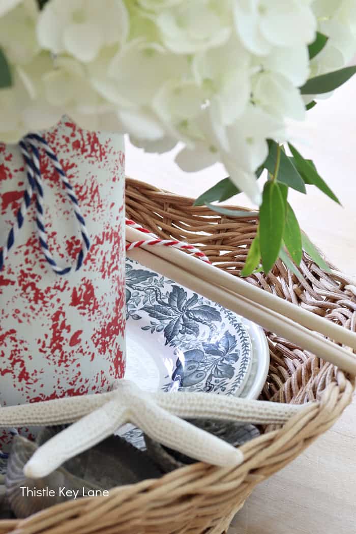 Blue And White Transferware Plate in a vignette.