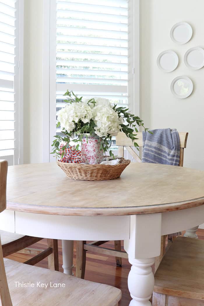 Kitchen table with Summer Red White And Blue Centerpiece.