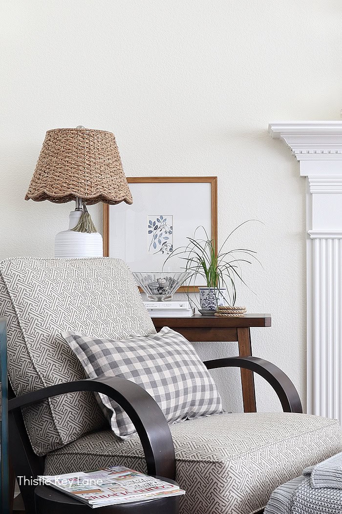 Corner nook with cozy chair and table. Summer Family Room Cottage Styling.