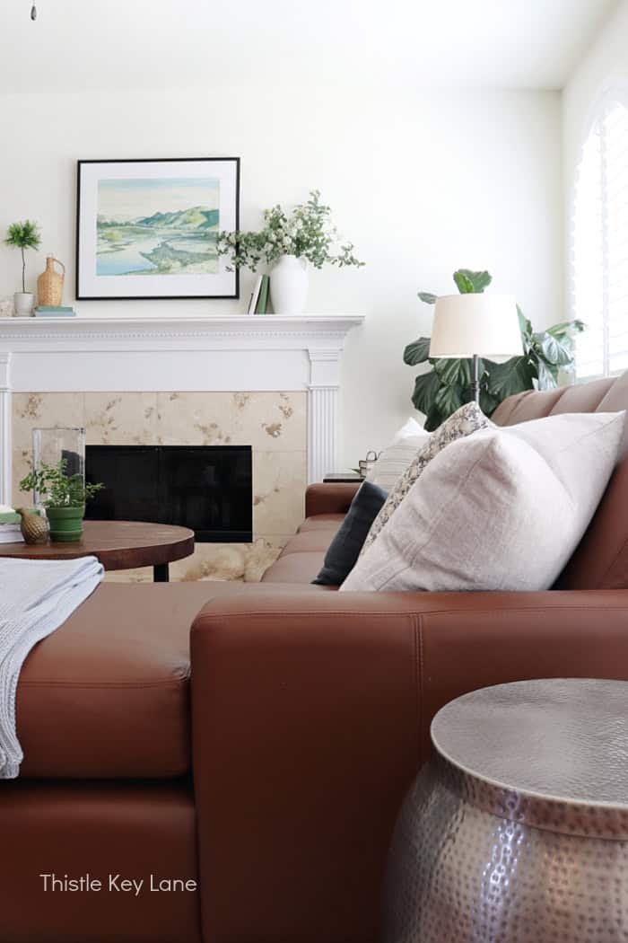 Leather sofa with pillows.