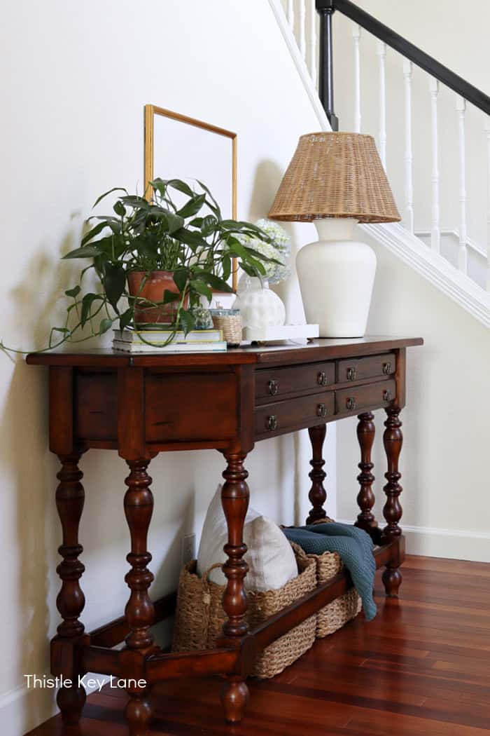 Dark wood entry table. Coastal Cottage Entry Table.