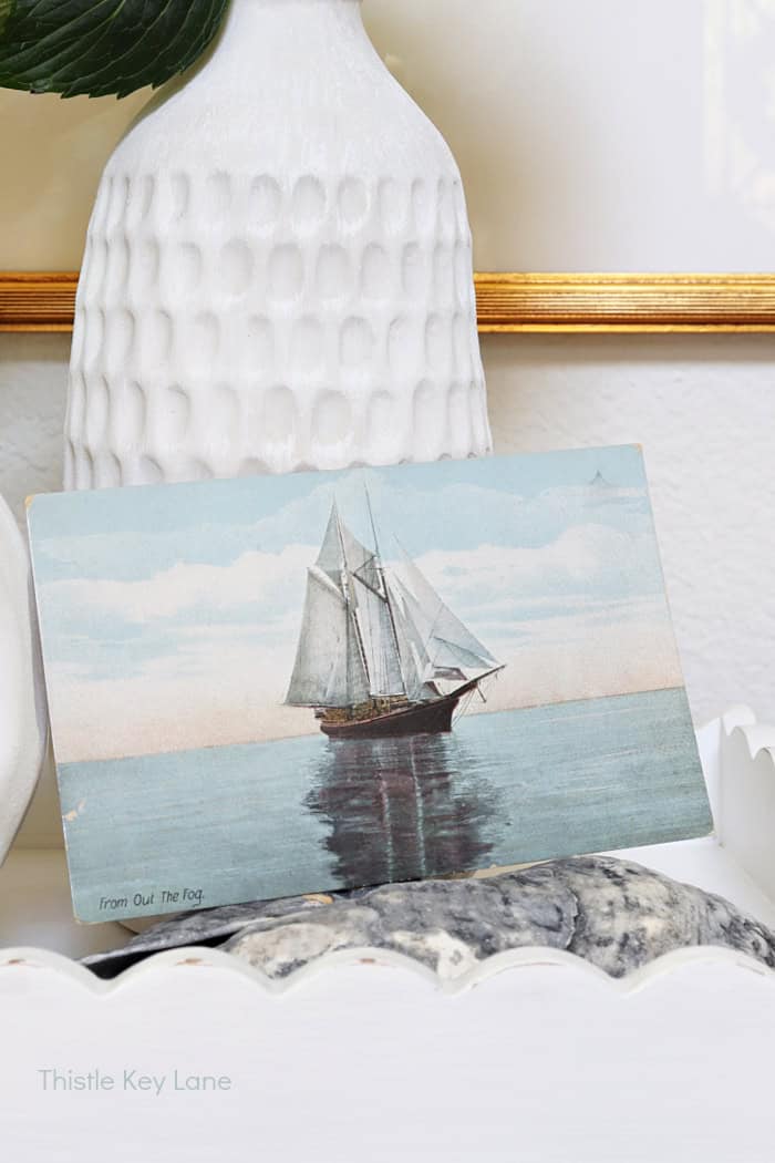 Vintage sailboat postcard. Coastal Cottage Entry Table.