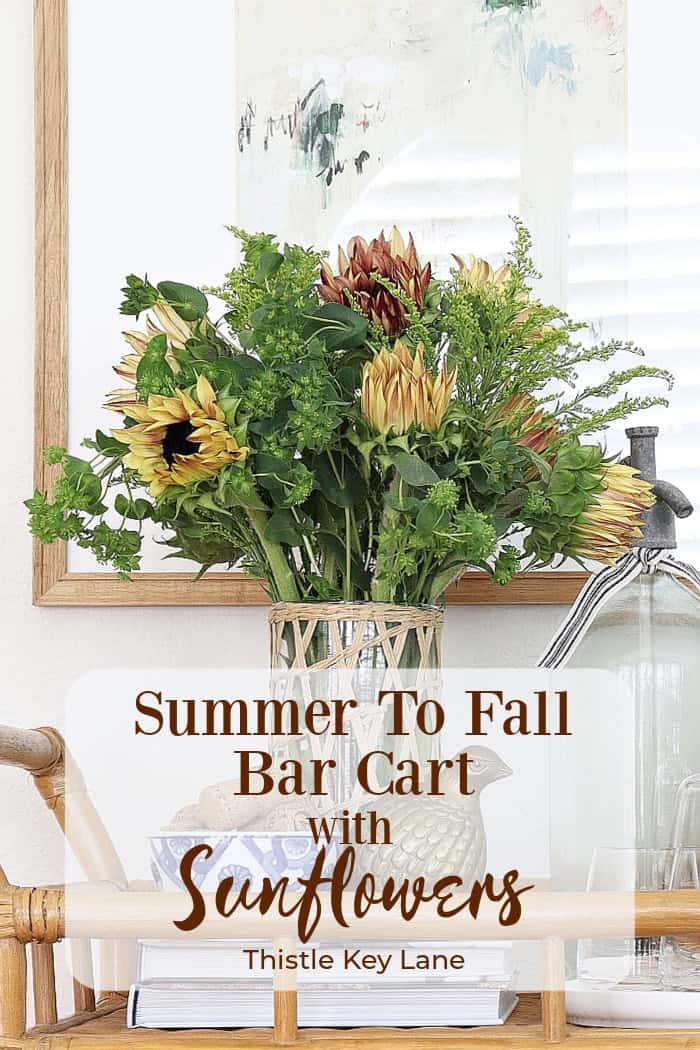 Summer To Fall Bar Cart With Sunflowers.