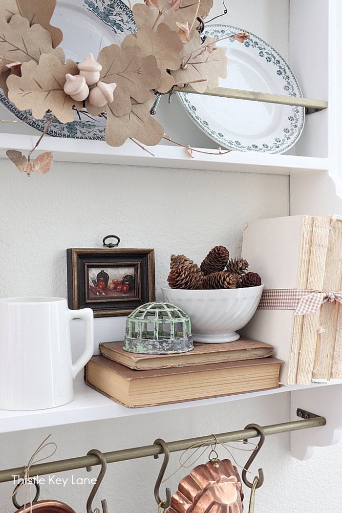 Bowl of pinecones, mini oil painting, flower frog.