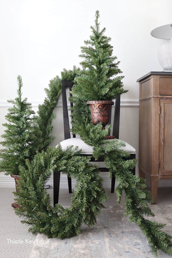 Greenery set with wreath, trees and garland. Easy Plan Ahead Christmas Decorating.