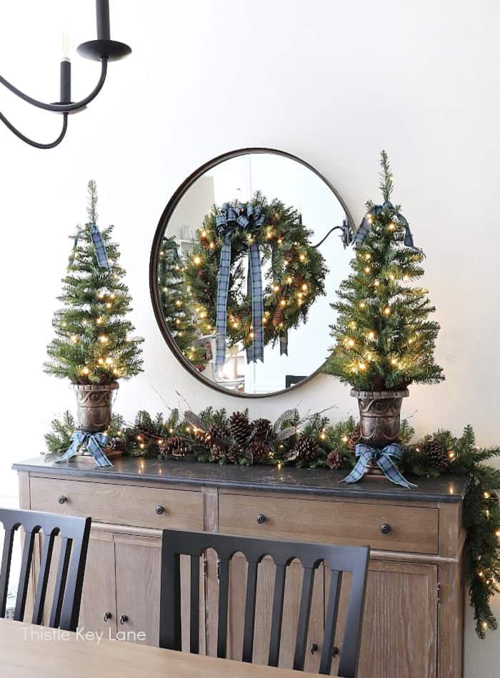 Buffet table with Christmas decorations. Easy Plan Ahead Christmas Decorating.