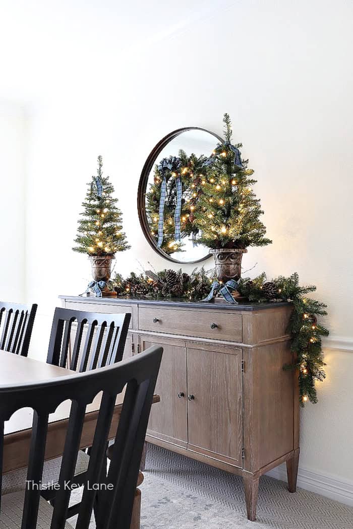 Dining room with buffet Christmas decorations. Easy Plan Ahead Christmas Decorating.