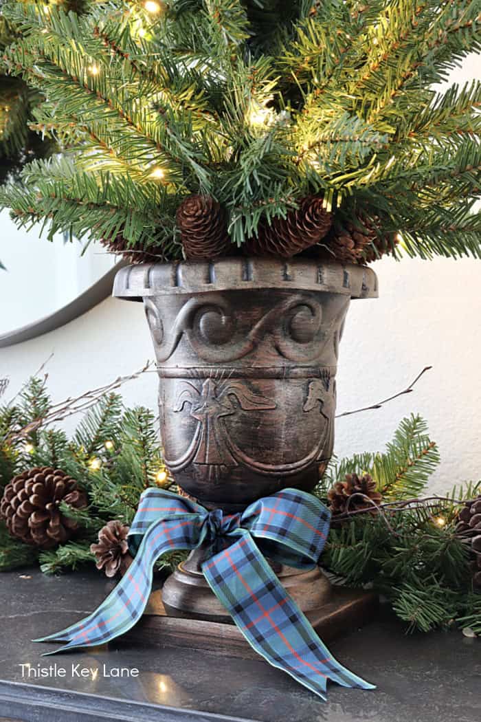 Pinecones around the top of the tree container.