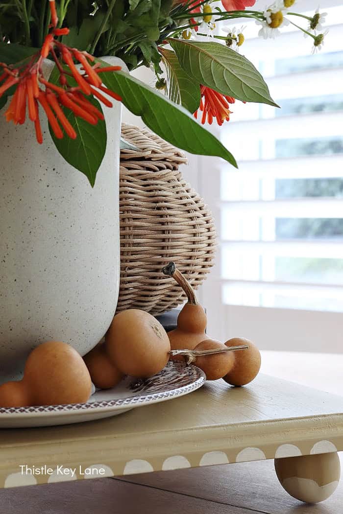 Mini gourds around a vase of flowers. Autumn Vintage Cottage Vignette.