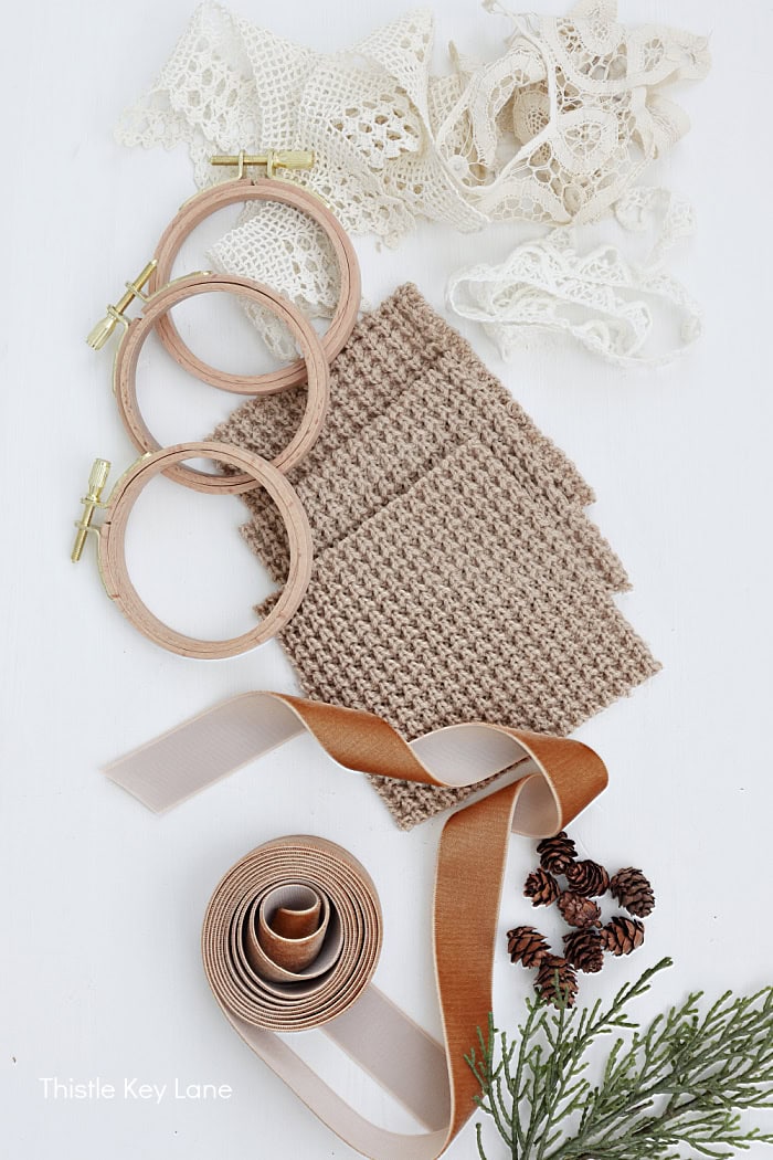 Supplies laid out. Embroidery Hoop Ornaments From Sweaters.