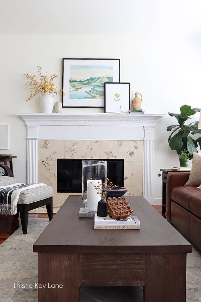 Oversized coffee table, rustic wood, fall decor.