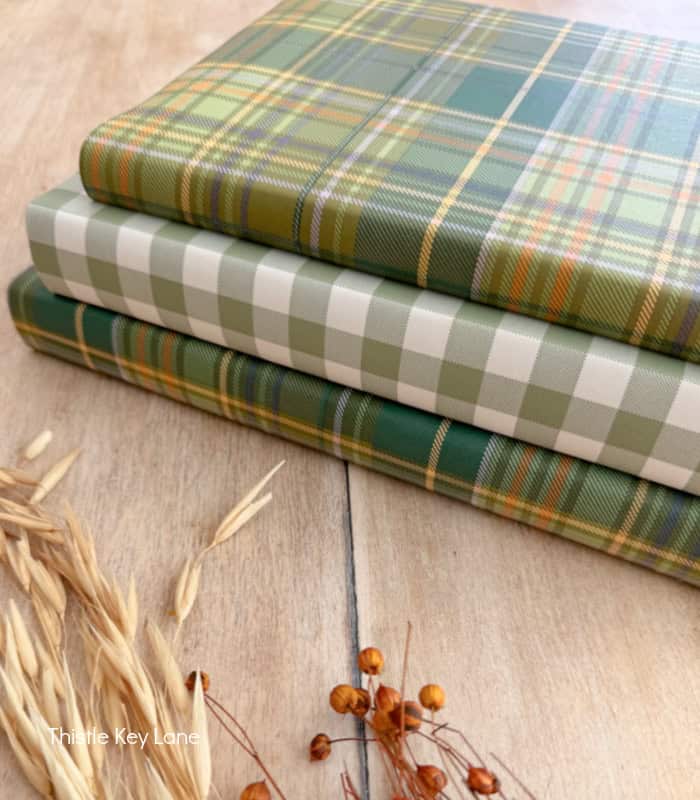 Green plaid and gingham covered books. Fall Dried Florals Book Vignette.