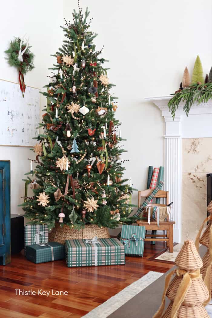 Rustic woodland theme Christmas tree. Country Cottage Christmas Home Tour.