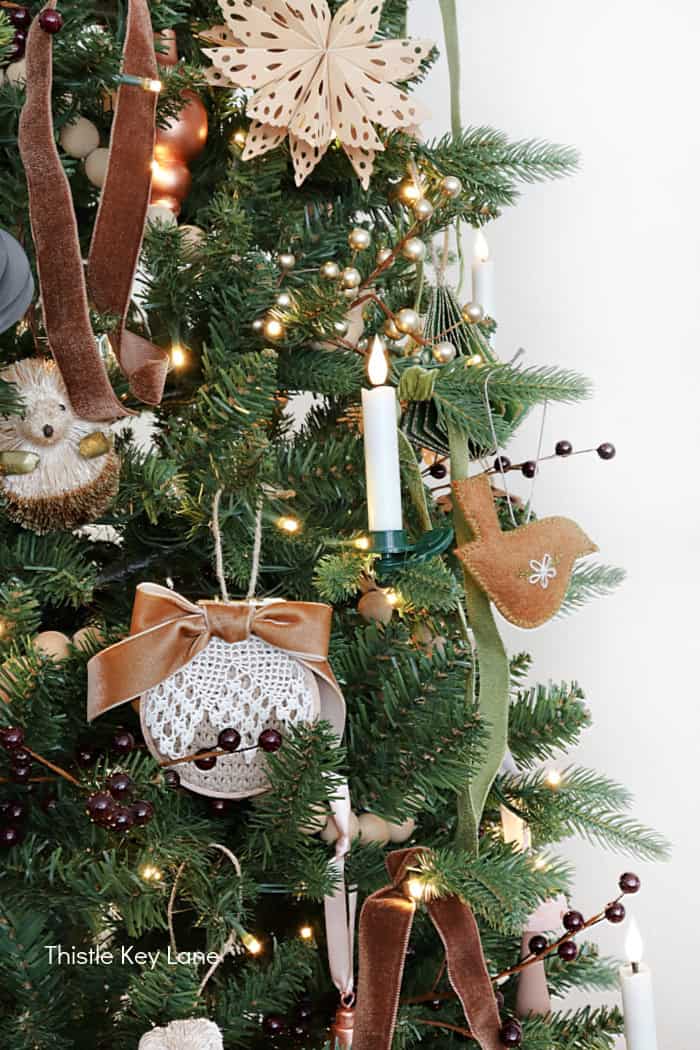 Handmade Christmas ornaments on the tree. Country Cottage Christmas Home Tour.