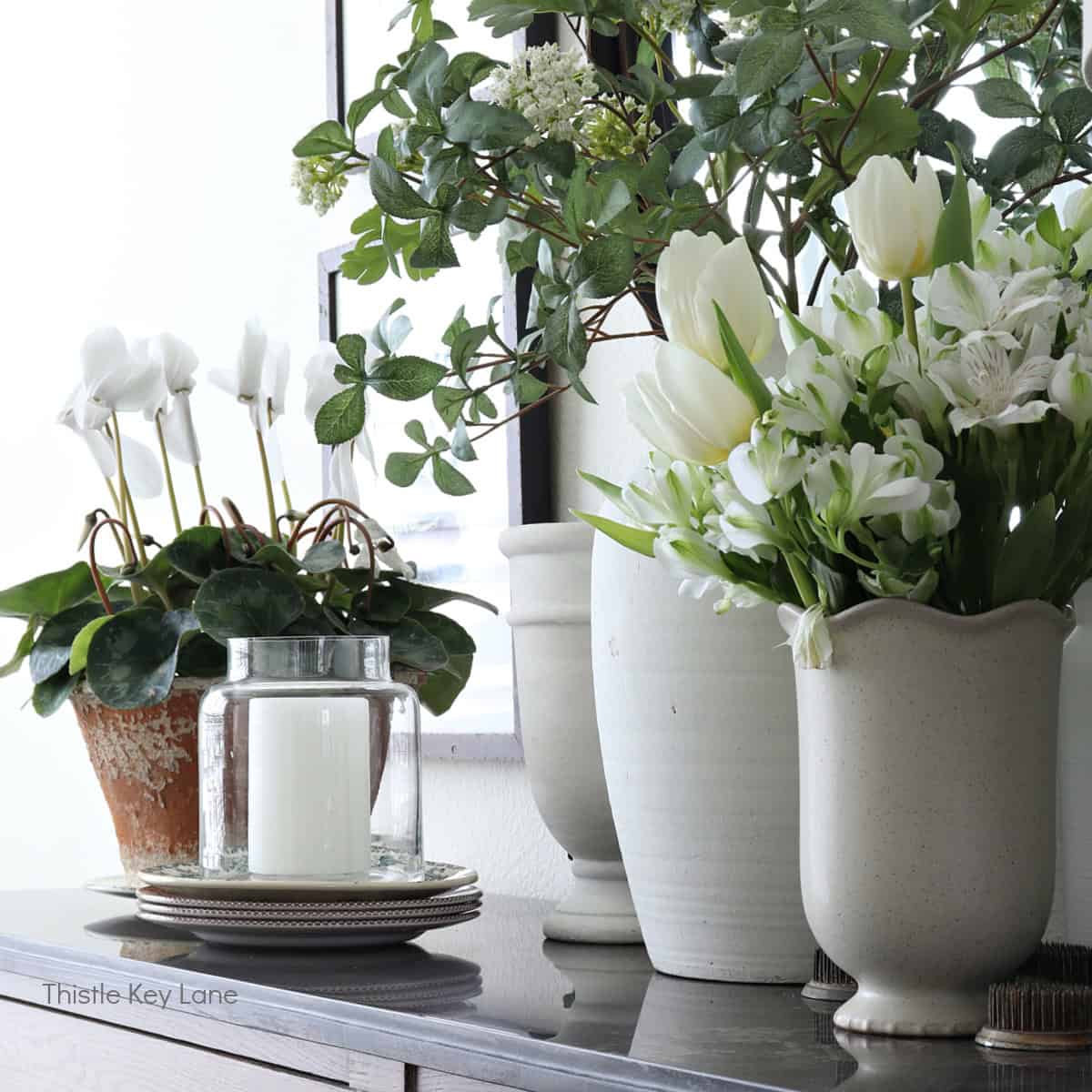 Floral Spring Vignette For Buffet Or Sideboard