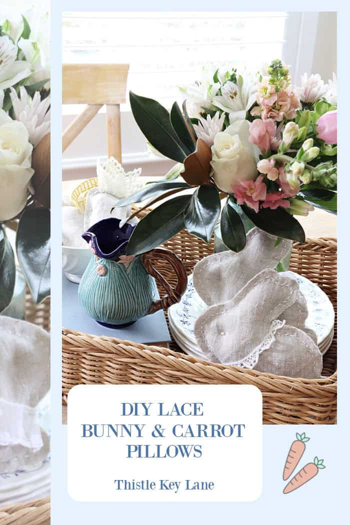 Two puffy bunny pillows with lace embellishment. DIY Lace Bunny And Carrot Pillows.