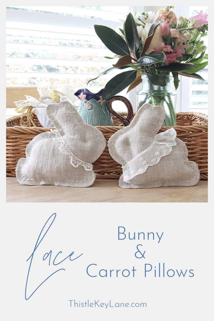 Two puffy bunny pillows with lace embellishment. DIY Lace Bunny And Carrot Pillows.