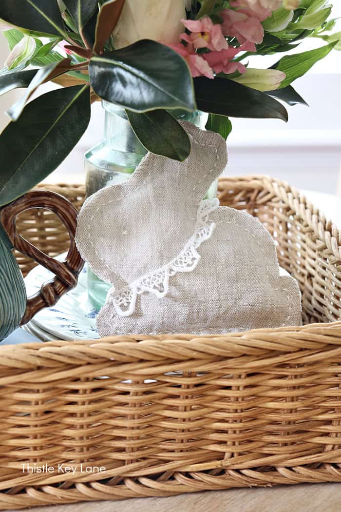 Hand made bunny in a basket tray.