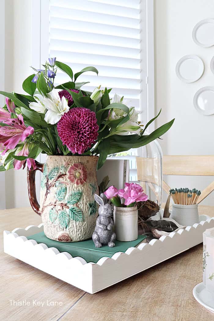 Tray centerpiece for spring. Vintage Vignette For Spring.