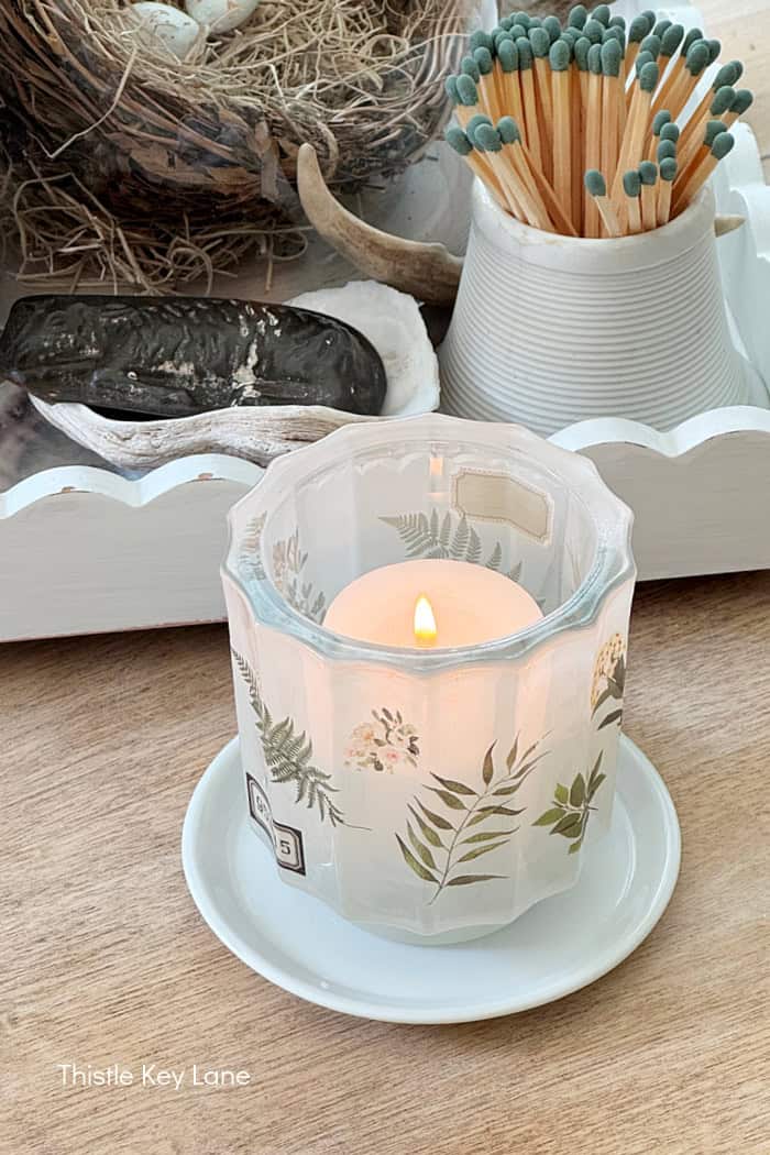 Botanical decorated candle holder. Vintage Vignette For Spring.