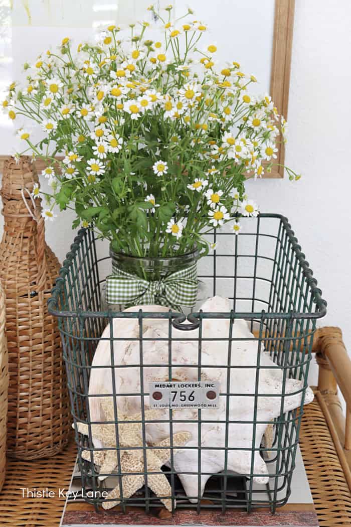 Camomile flowers, shells and basket. How To Decorate With A Wire Basket.