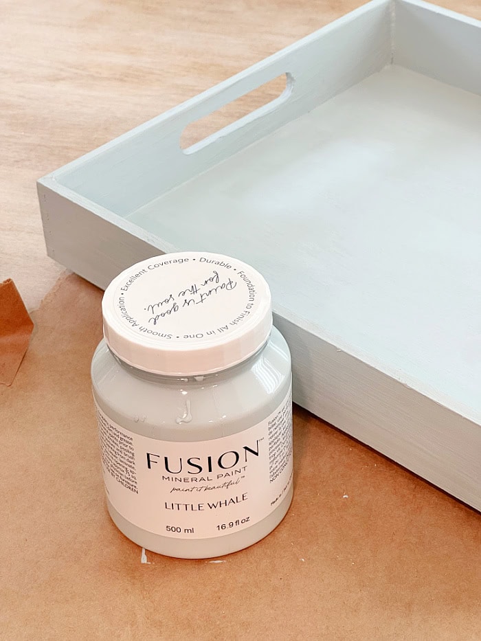 Bottle of paint and a tray. How To Decorate A Tray With Wallpaper.