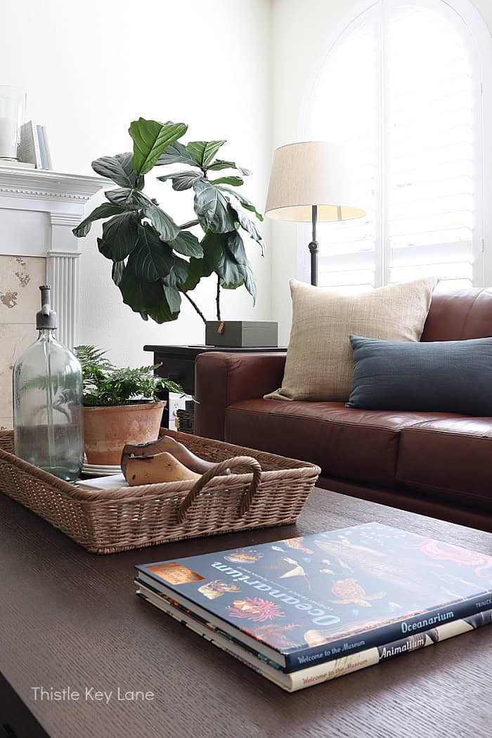 Coffee table with books and wicker basket tray. Coastal Family Room Styling.