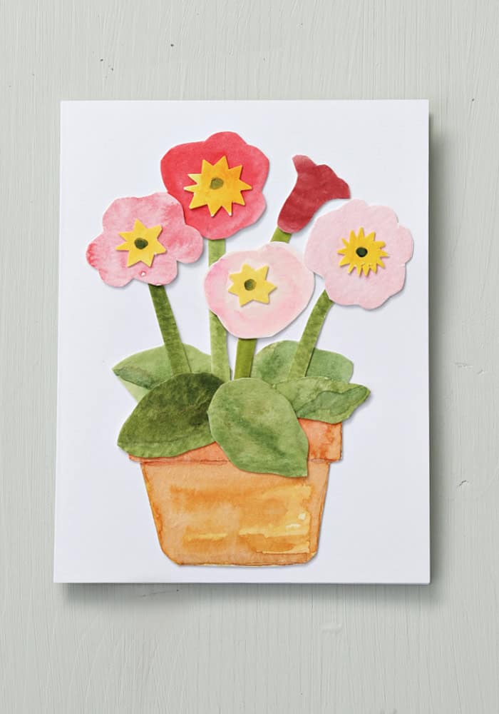 Primrose flower collage. Handmade Collage Note Cards.