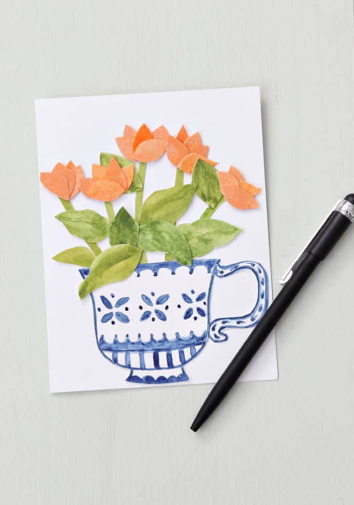 Tea cup with orange flowers. Handmade Collage Note Cards.